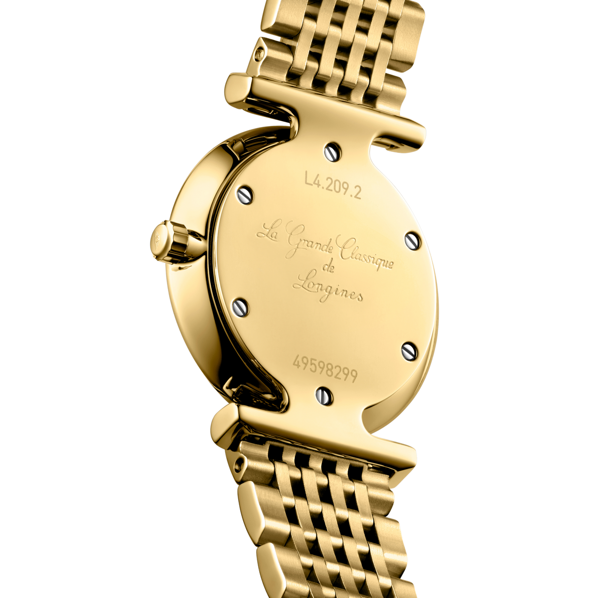 back of Longines La Grande Classique watch showing the polished case back and gold tone stainless steel bracelet detail

