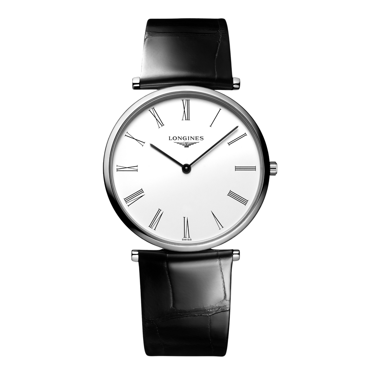 front view of Longines La Grande Classique white dial watch with black leather strap and ultra slim stainless steel case
