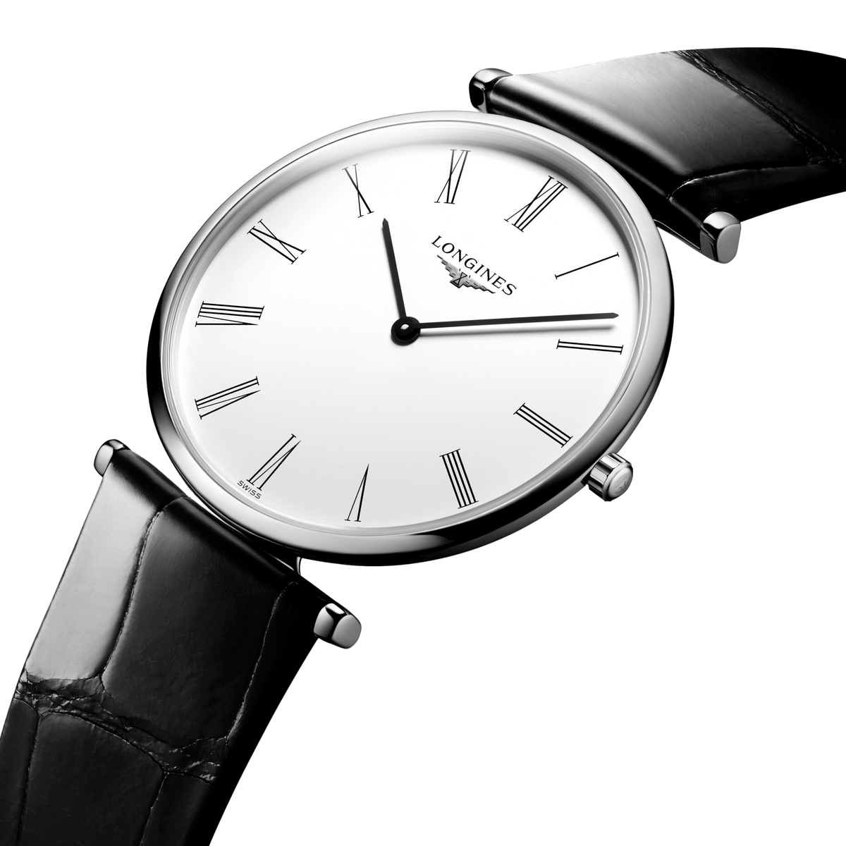 close up of the Longines La Grande Classique white dial featuring Roman numeral hour markers, slim black hands and clean minimalist detailing
