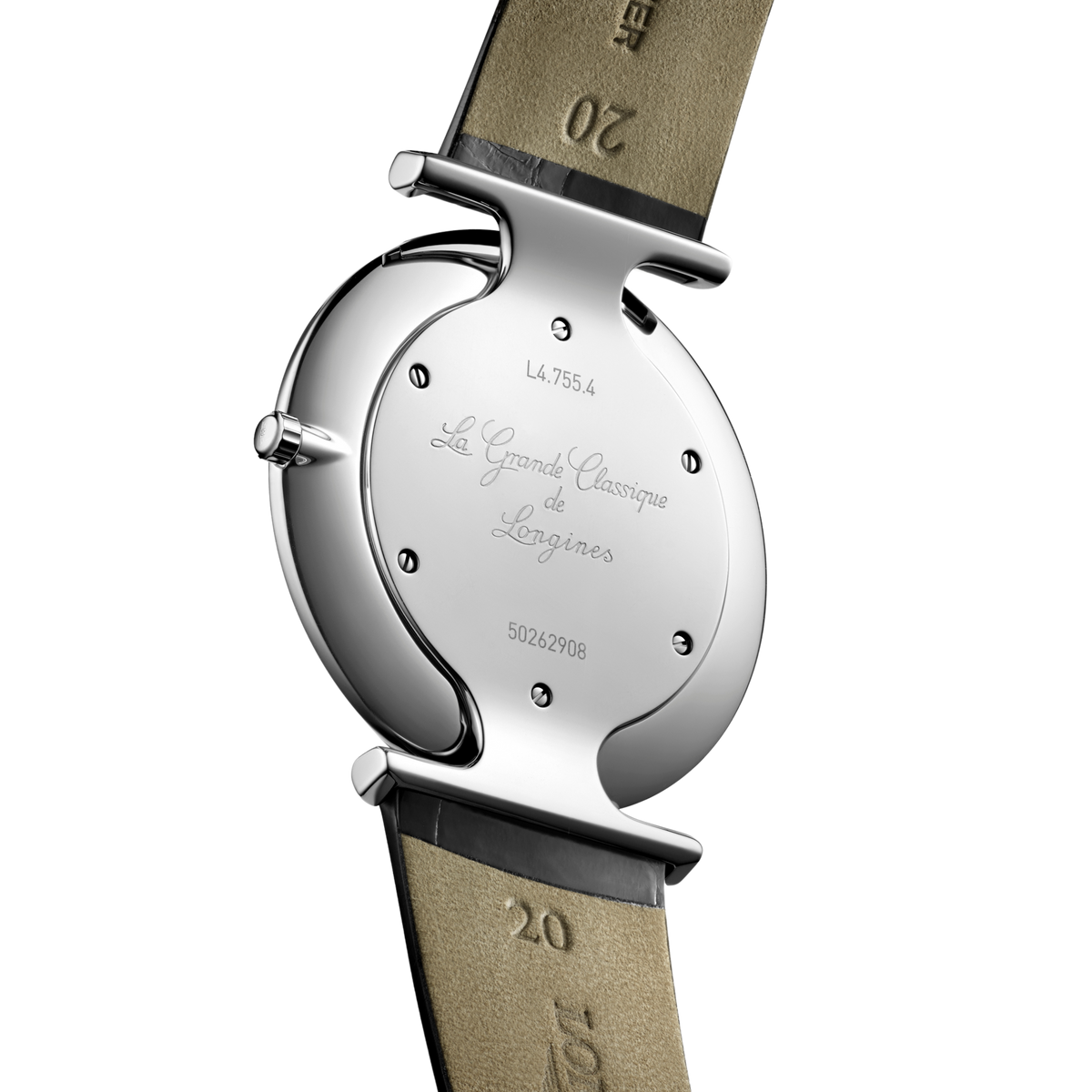 back of Longines La Grande Classique watch showing the polished case back and black leather strap finish
