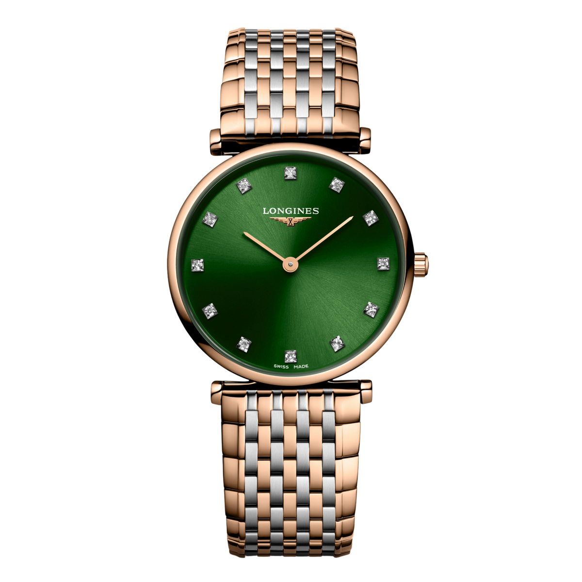 front view of Longines La Grande Classique green dial watch with diamond hour markers and two tone rose gold bracelet