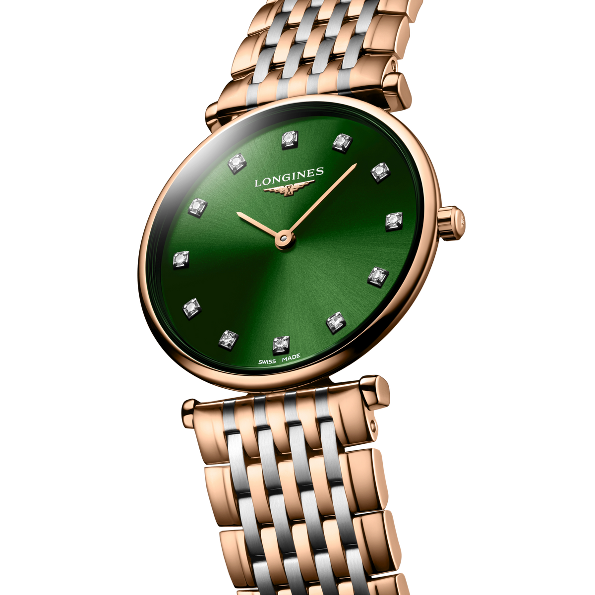 close up of the Longines La Grande Classique sunray green dial featuring diamond indexes and slim rose gold hands
