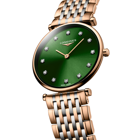 close up of the Longines La Grande Classique sunray green dial featuring diamond indexes and slim rose gold hands
