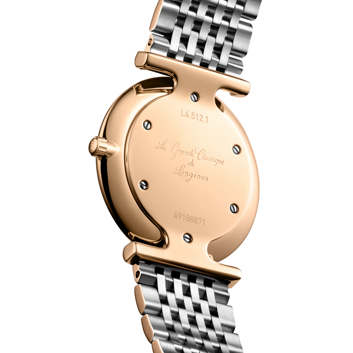 back of Longines La Grande Classique watch showing the polished case back and two tone bracelet detailing

