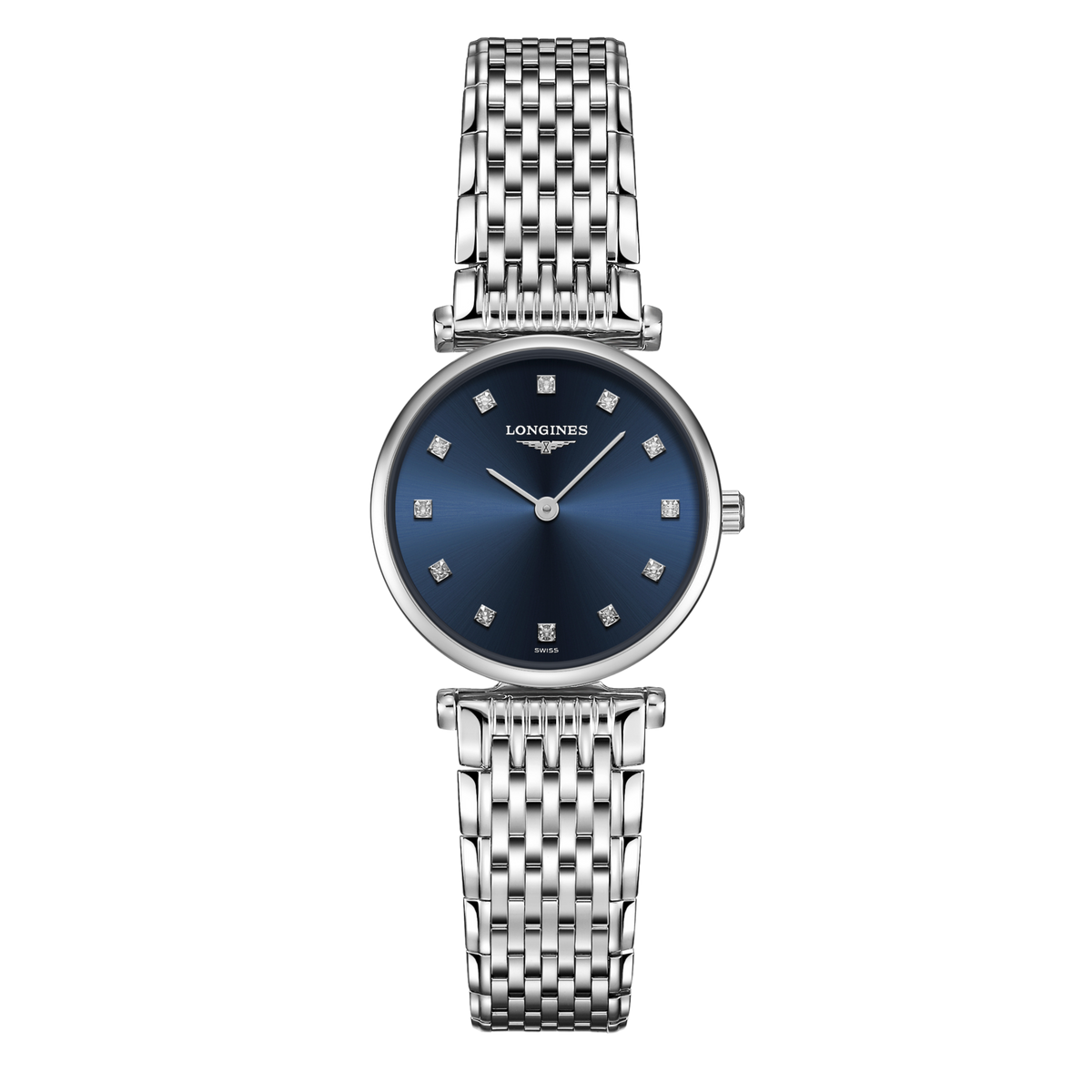 front view of Longines La Grande Classique blue dial watch with diamond hour markers and stainless steel bracelet
