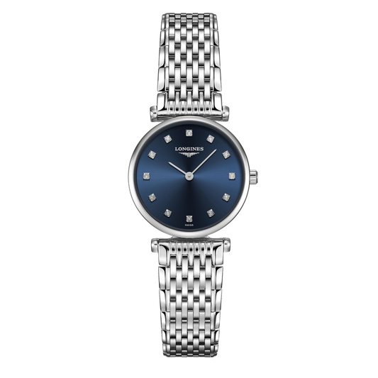 front view of Longines La Grande Classique blue dial watch with diamond hour markers and stainless steel bracelet
