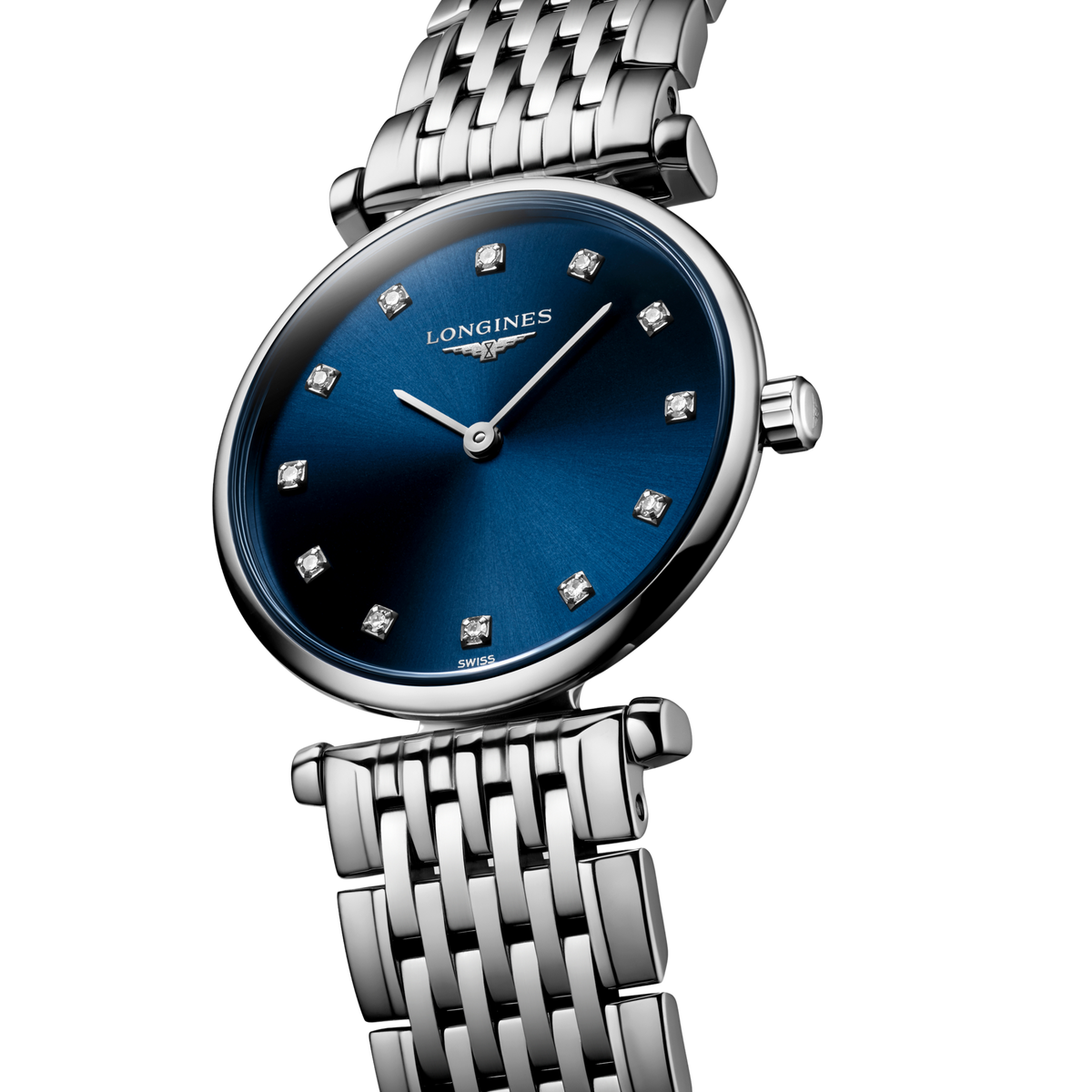 close up of the Longines La Grande Classique sunray blue dial featuring diamond indexes and slim silver tone hands
