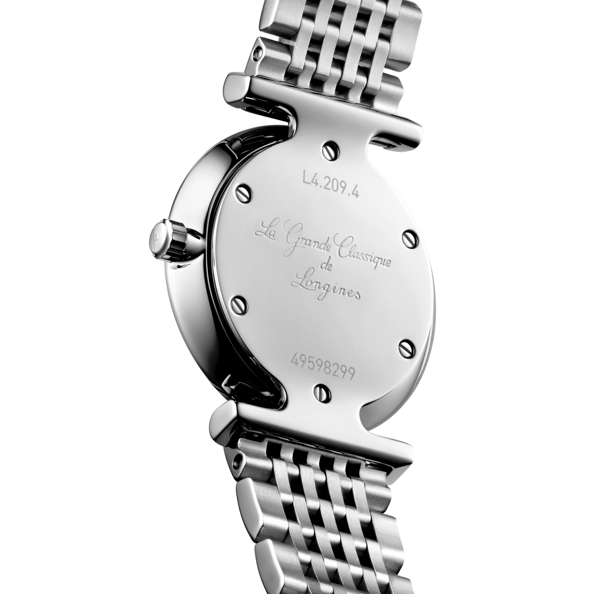 back of Longines La Grande Classique watch showing the polished case back and stainless steel bracelet detail
