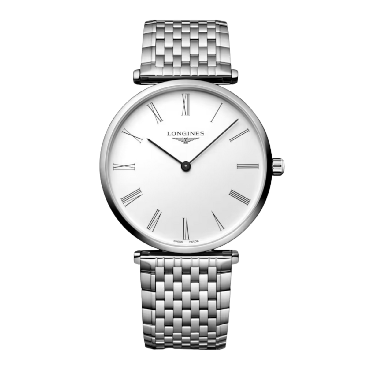 front view of Longines La Grande Classique white dial watch with stainless steel bracelet and minimalist ultra slim case