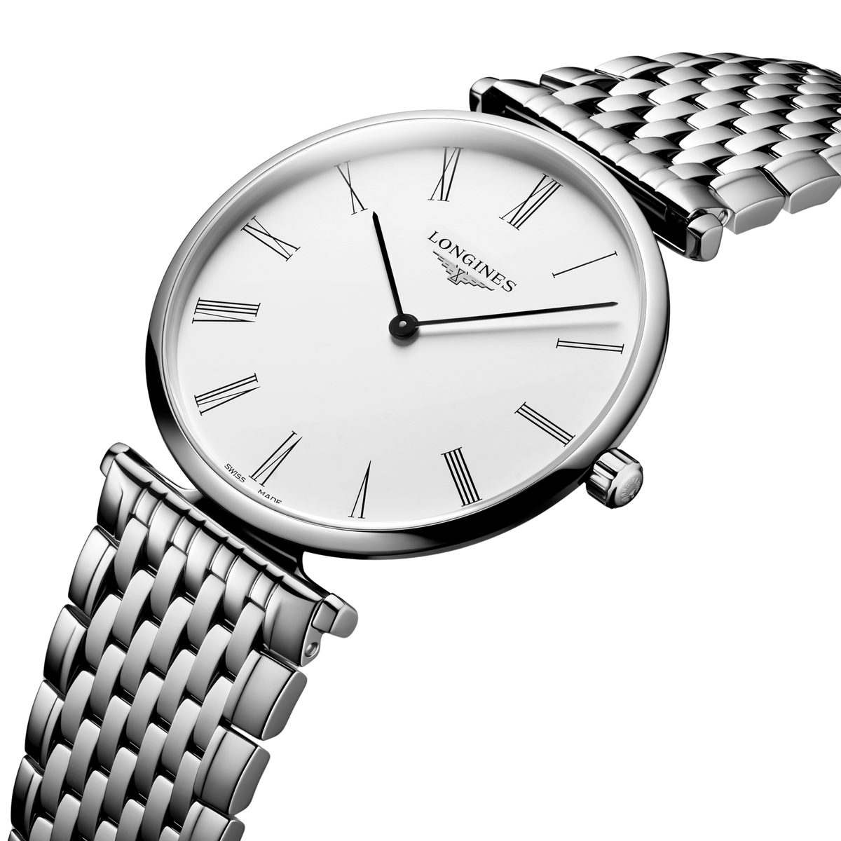 close up of the Longines La Grande Classique white dial featuring Roman numeral hour markers and slim black hands
