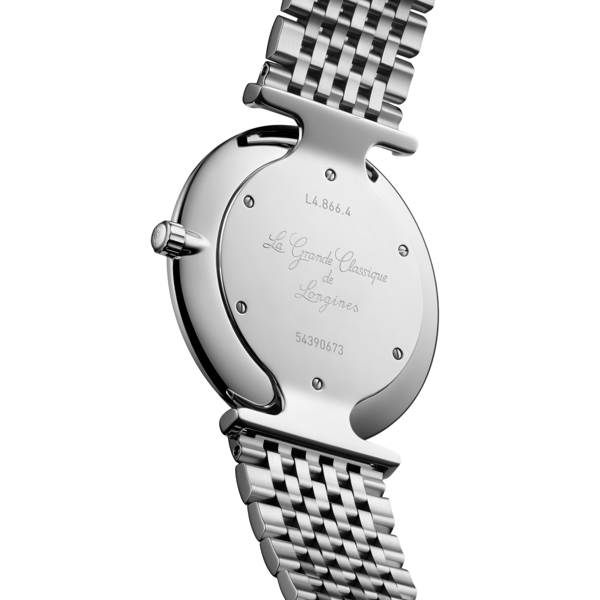 back of Longines La Grande Classique watch showing the polished stainless steel case back and bracelet detailing
