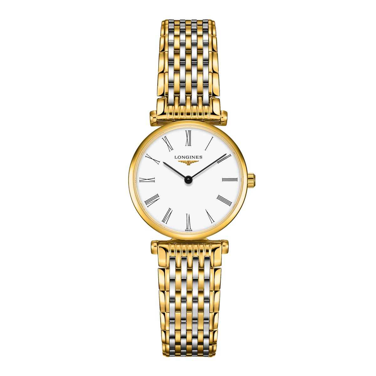 front view of Longines La Grande Classique white dial watch with two tone gold and stainless steel bracelet