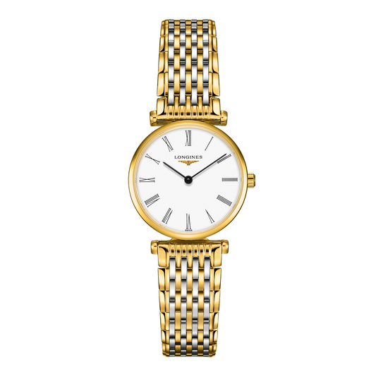 front view of Longines La Grande Classique white dial watch with two tone gold and stainless steel bracelet