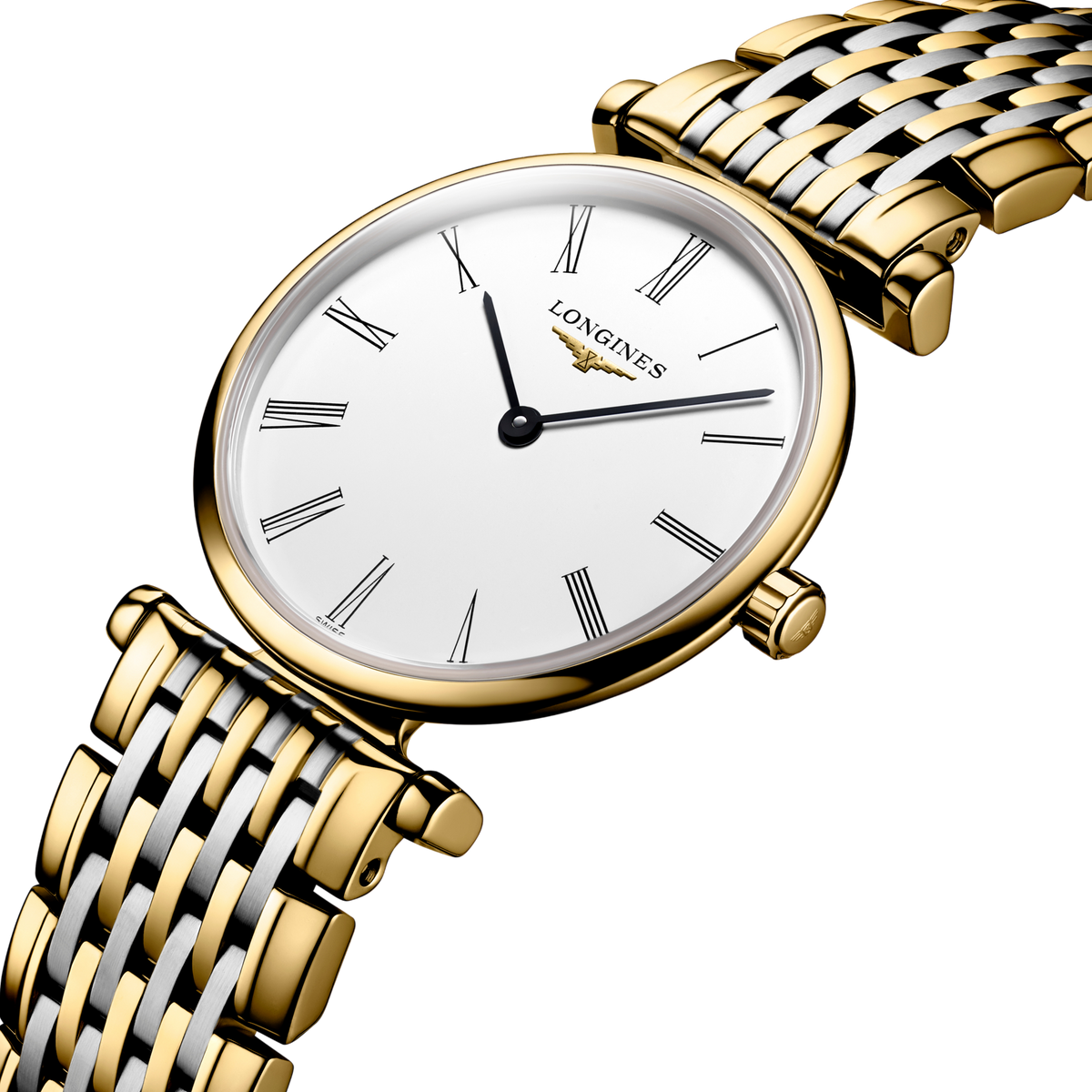 Longines La Grande Classique dress watch worn on the wrist with a two tone bracelet and elegant white dial styling
