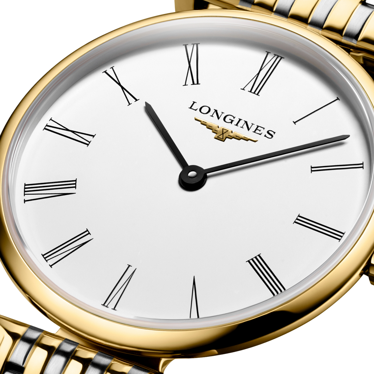 back of Longines La Grande Classique watch showing the polished case back and two tone stainless steel bracelet detail


