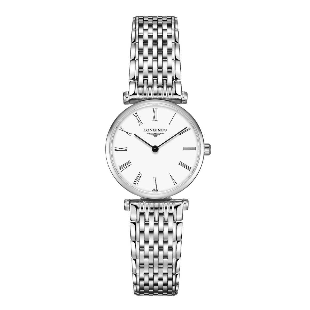 front view of Longines La Grande Classique white dial watch with stainless steel bracelet and ultra slim round case