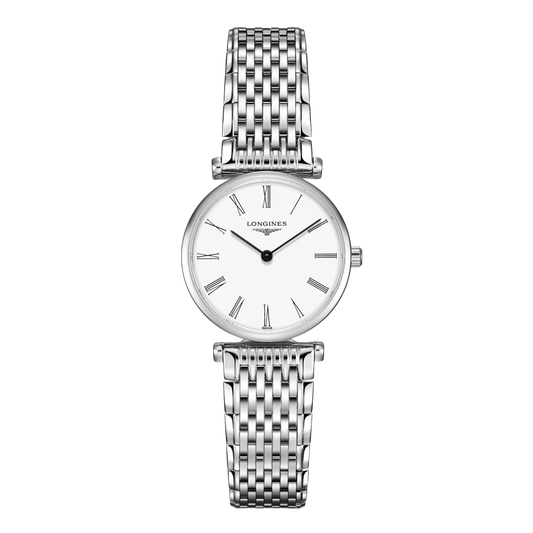 front view of Longines La Grande Classique white dial watch with stainless steel bracelet and ultra slim round case