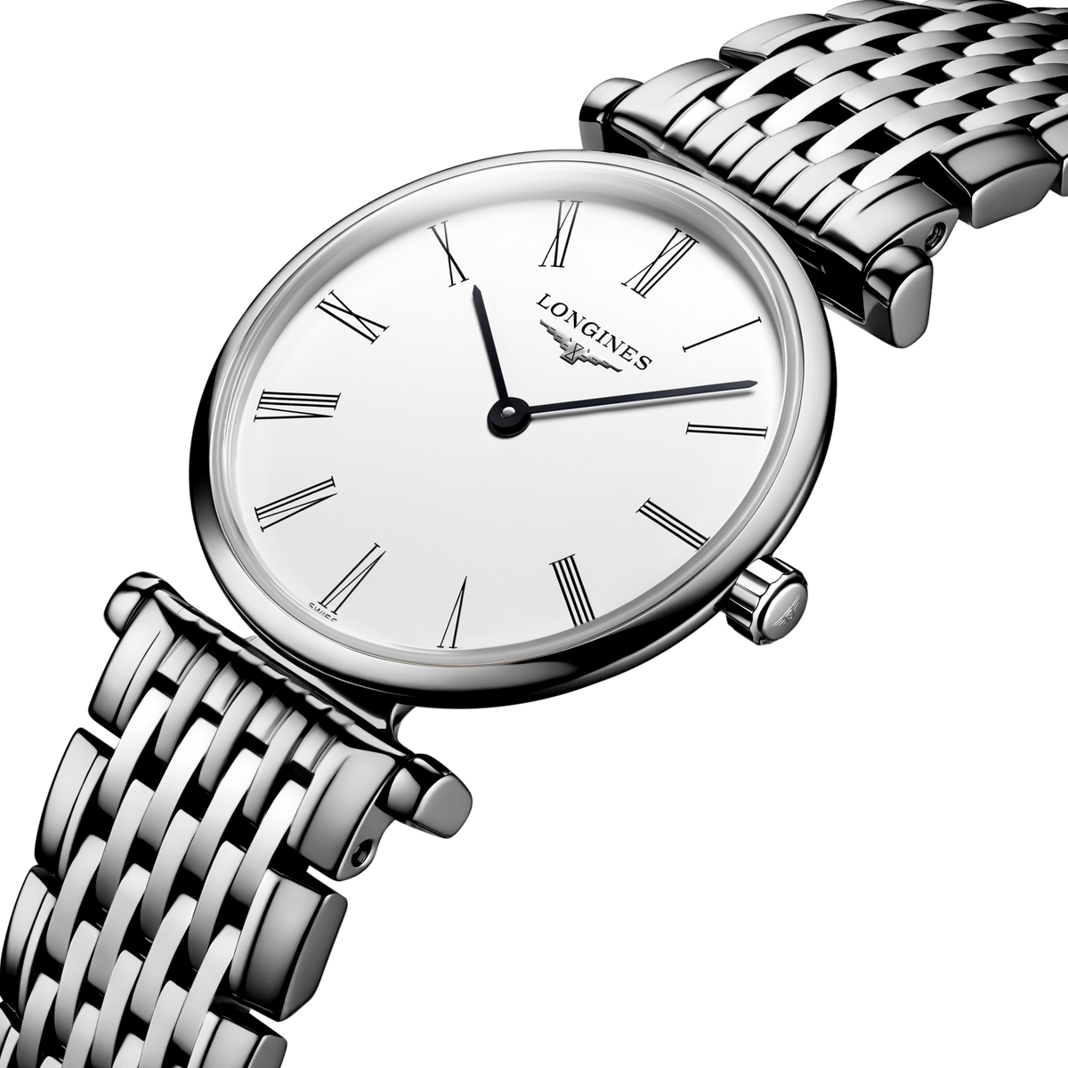 close up of the Longines La Grande Classique white dial featuring Roman numeral hour markers and slim black hands
