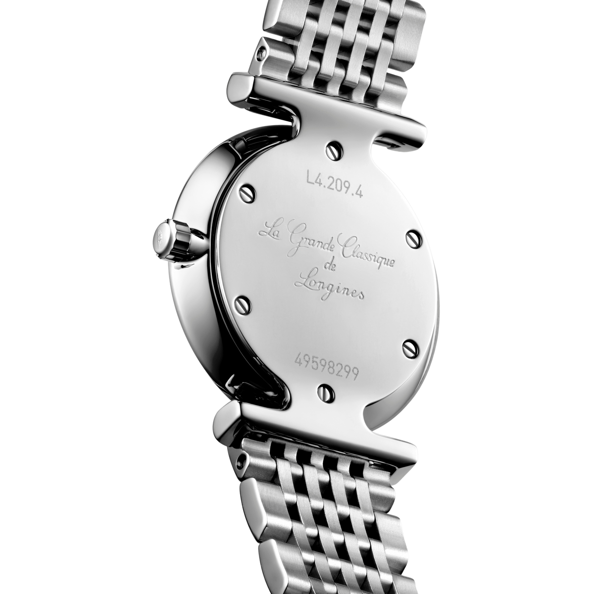 back of Longines La Grande Classique watch showing the polished case back and stainless steel bracelet finish
