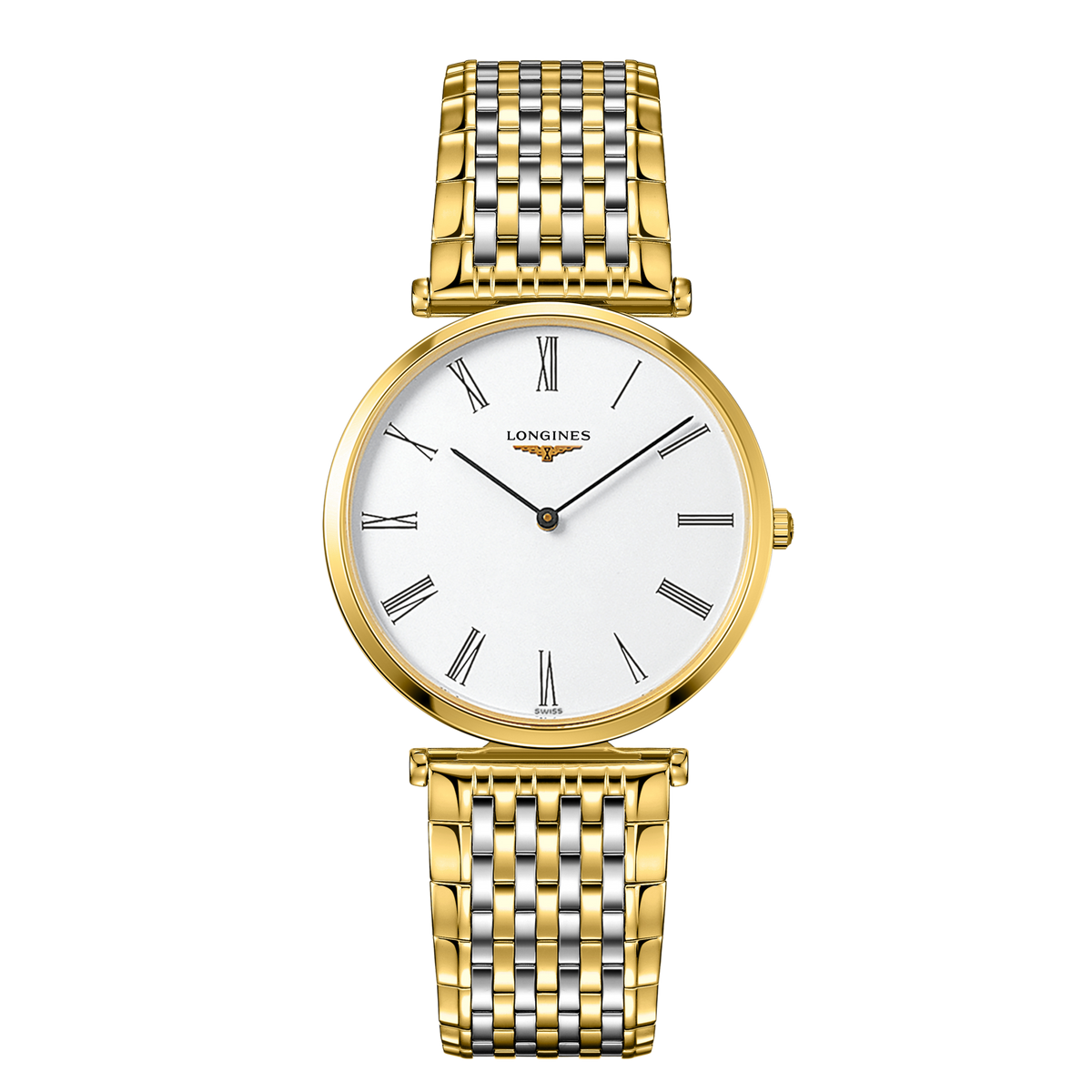 front view of Longines La Grande Classique white dial watch with two tone gold and stainless steel bracelet
