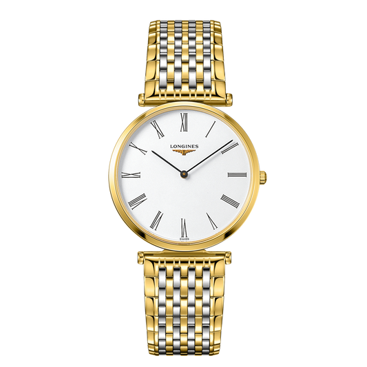 front view of Longines La Grande Classique white dial watch with two tone gold and stainless steel bracelet
