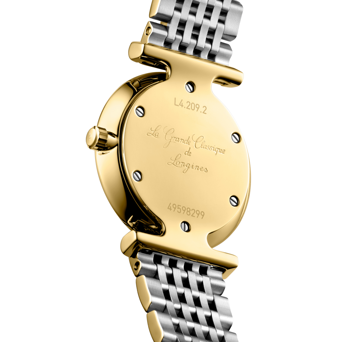 back of Longines La Grande Classique watch showing the polished case back and two tone bracelet detailing
