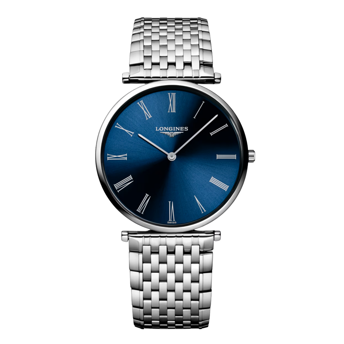 La Grande Classique de Longines 36mm quartz watch with sunray blue dial and stainless steel bracelet