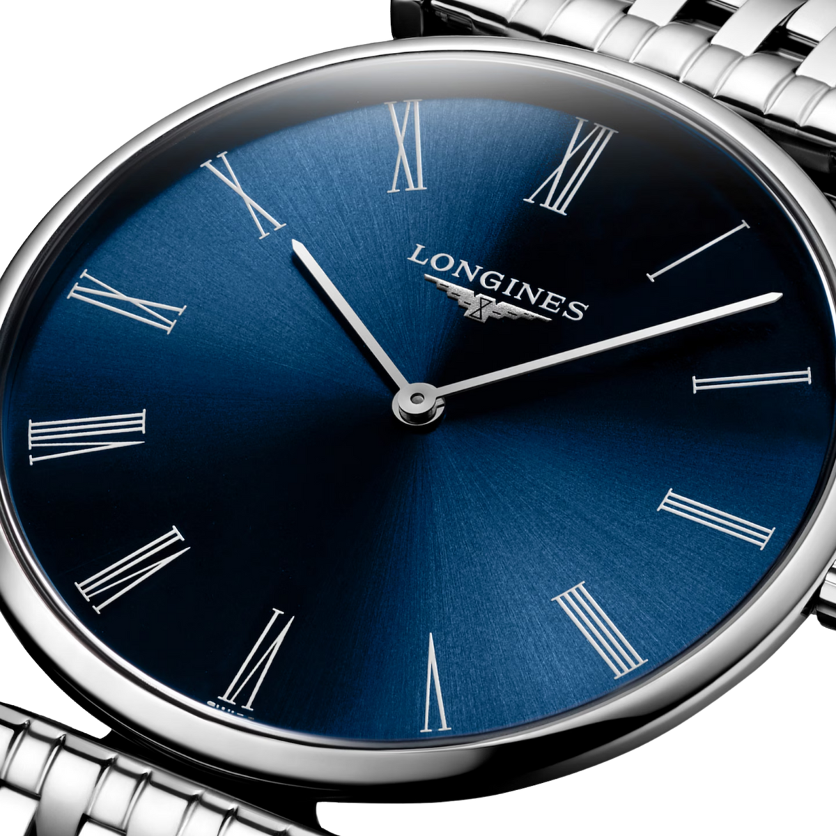 Longines La Grande Classique 36mm watch featuring a blue sunray dial and polished stainless steel case