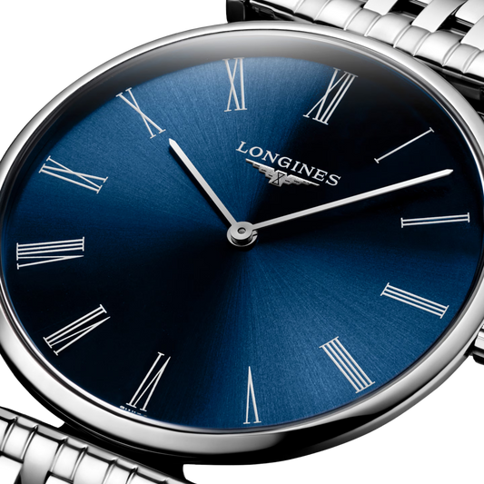 Longines La Grande Classique 36mm watch featuring a blue sunray dial and polished stainless steel case
