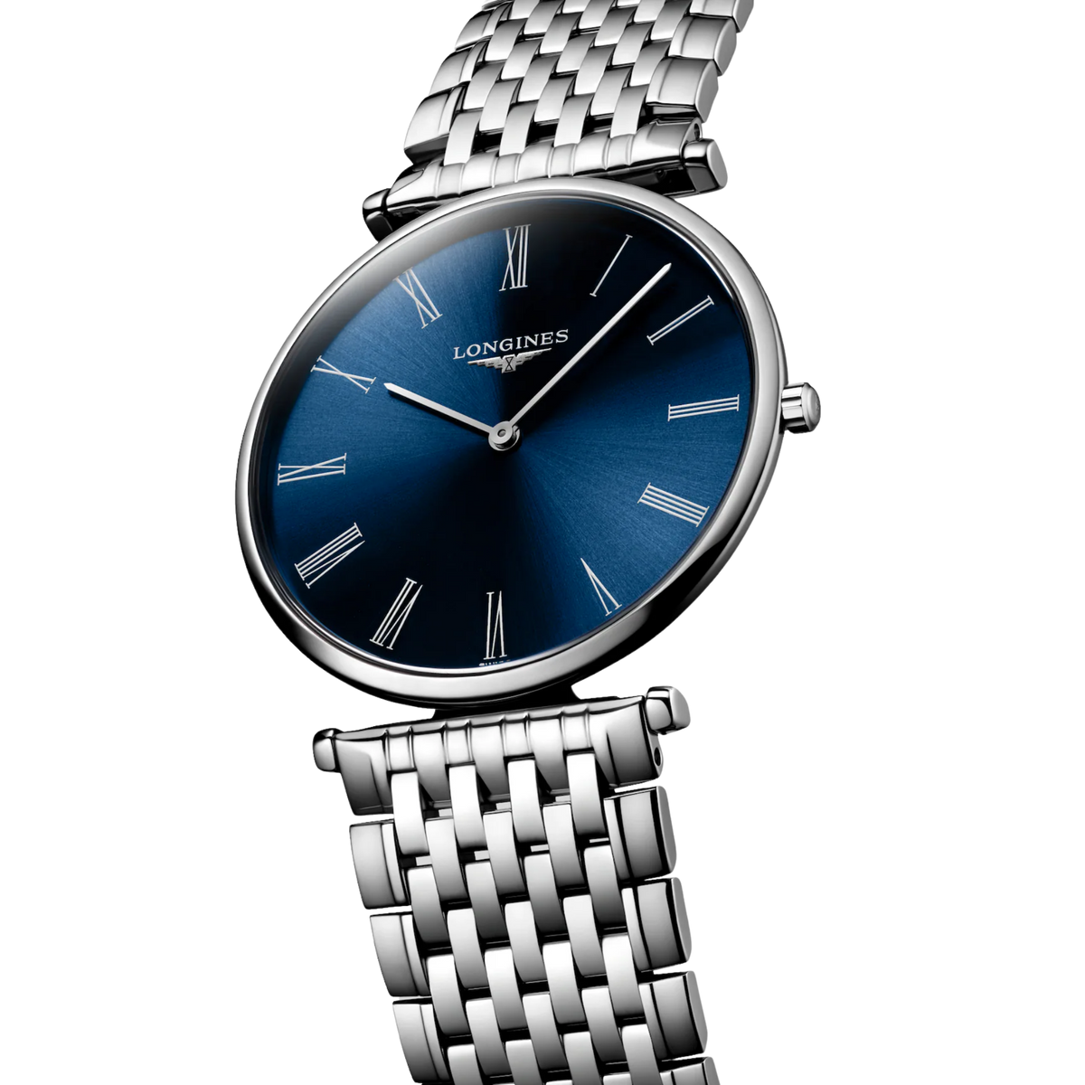 La Grande Classique de Longines Swiss quartz watch with blue dial, sapphire crystal and steel bracelet