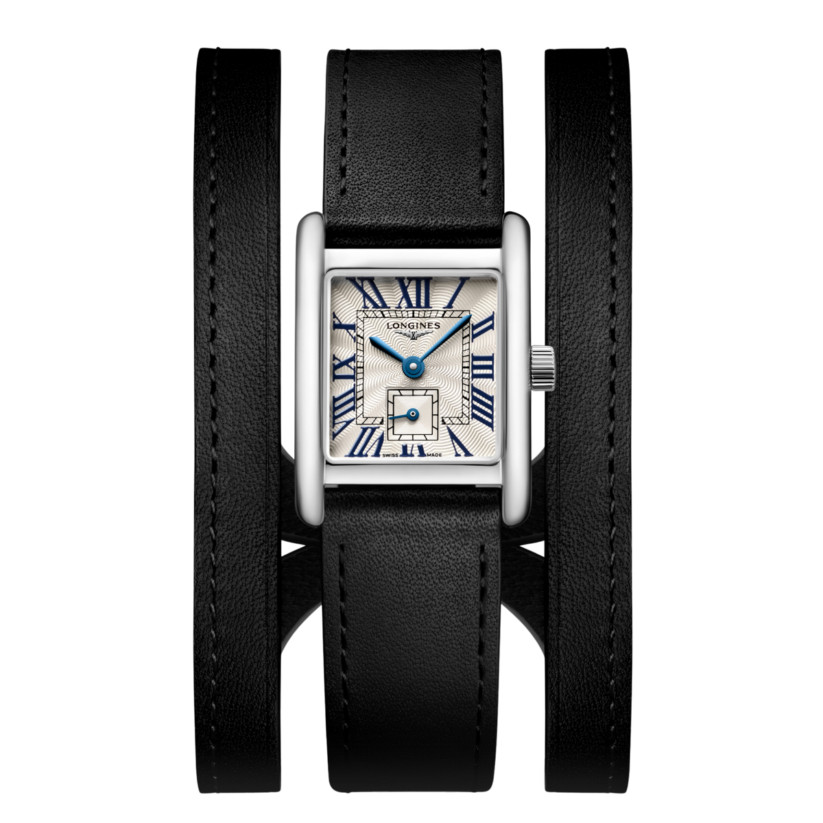 front view of Longines DolceVita rectangular dial watch with blue Roman numerals and black leather wrap strap