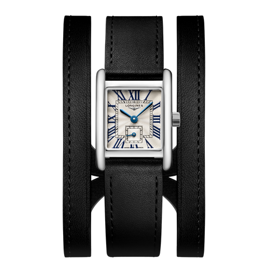 front view of Longines DolceVita rectangular dial watch with blue Roman numerals and black leather wrap strap