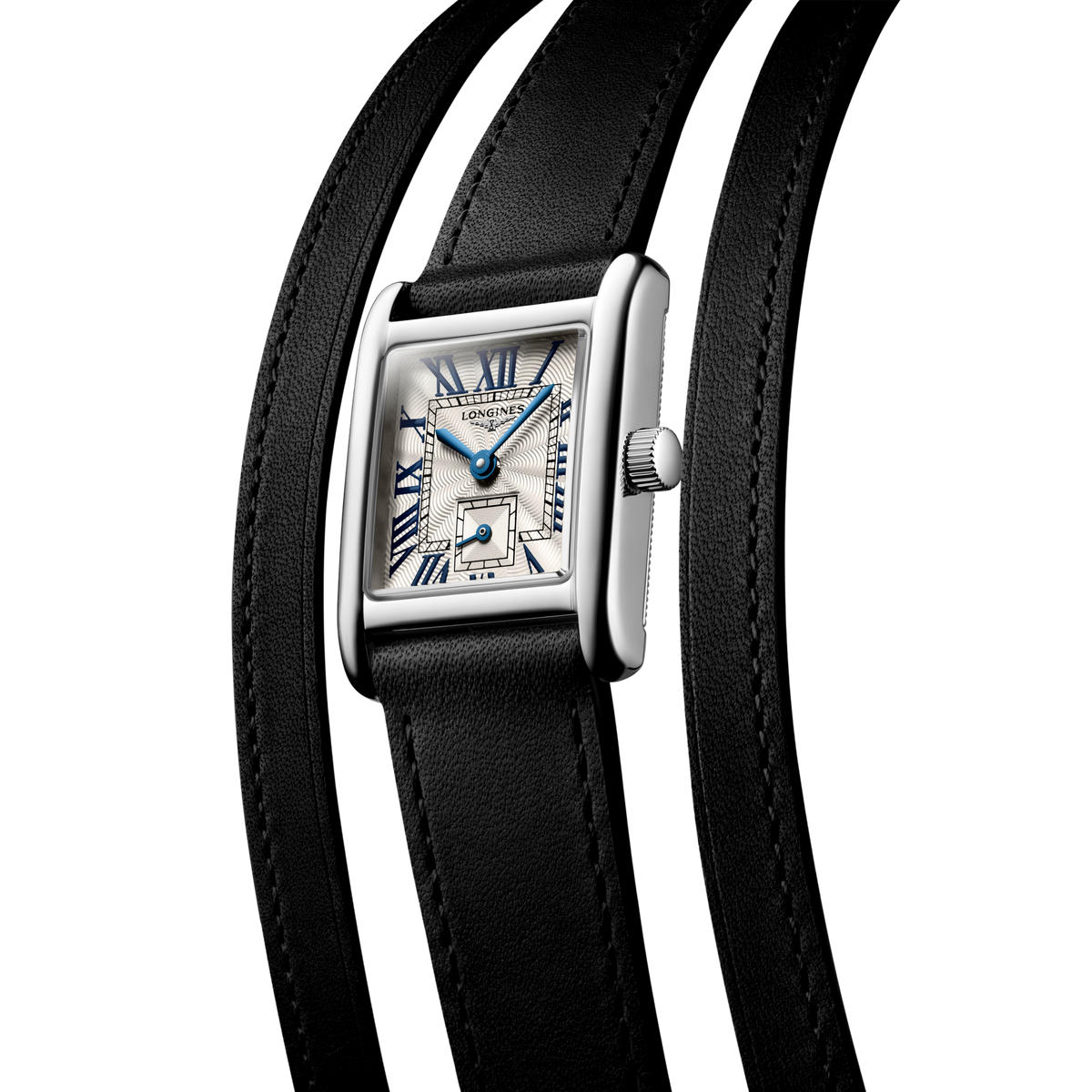 back of Longines DolceVita watch showing the stainless steel case back and black leather double wrap strap detailing
