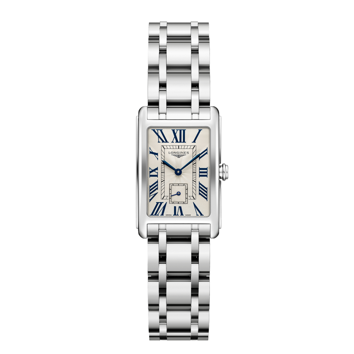 front view of Longines DolceVita rectangular silver dial watch with black Roman numerals and stainless steel bracelet
