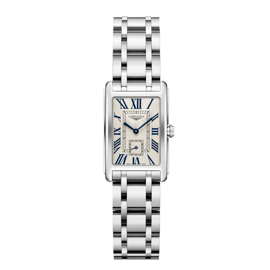 front view of Longines DolceVita rectangular silver dial watch with black Roman numerals and stainless steel bracelet