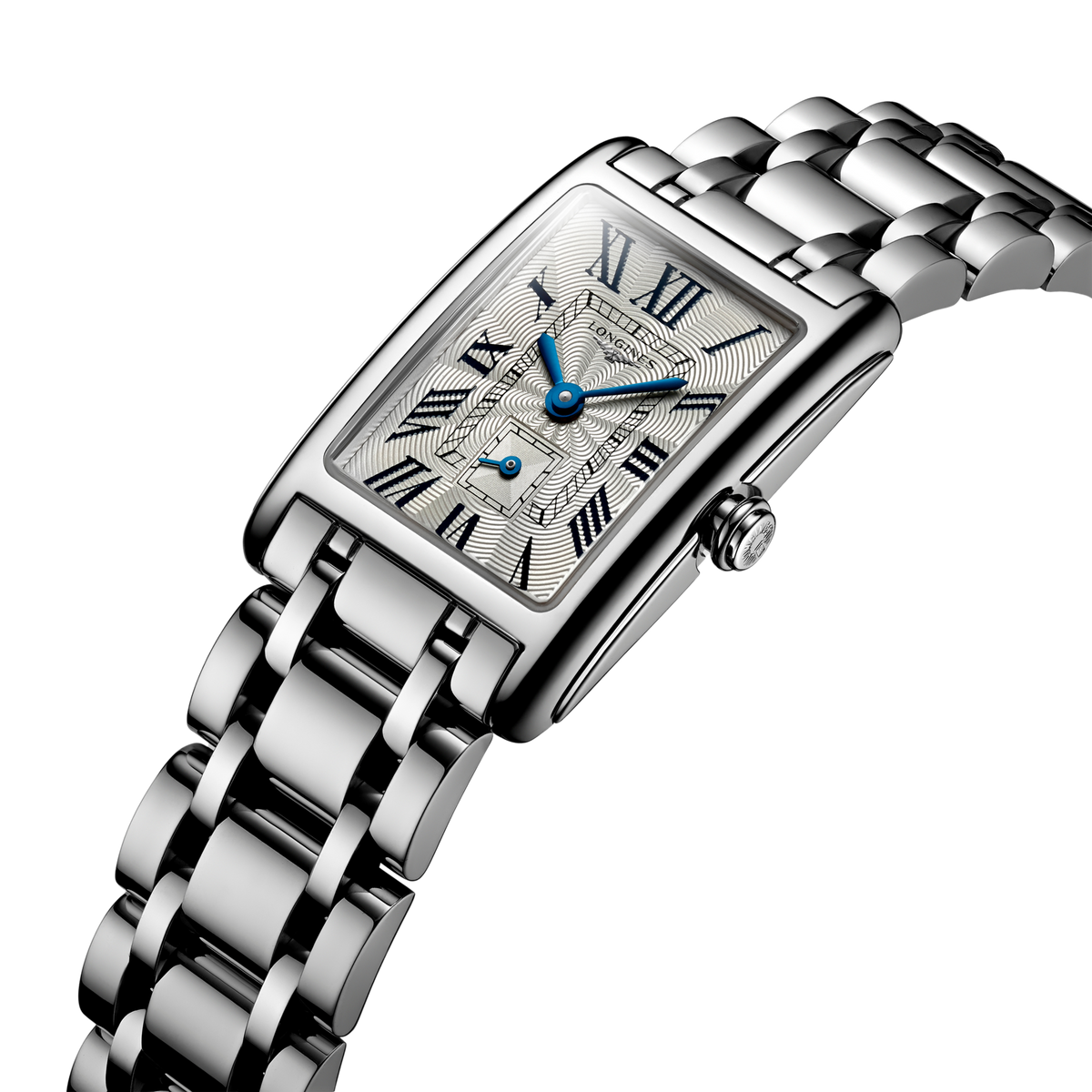 Longines DolceVita stainless steel watch styled on the wrist with an elegant rectangular case and polished bracelet
