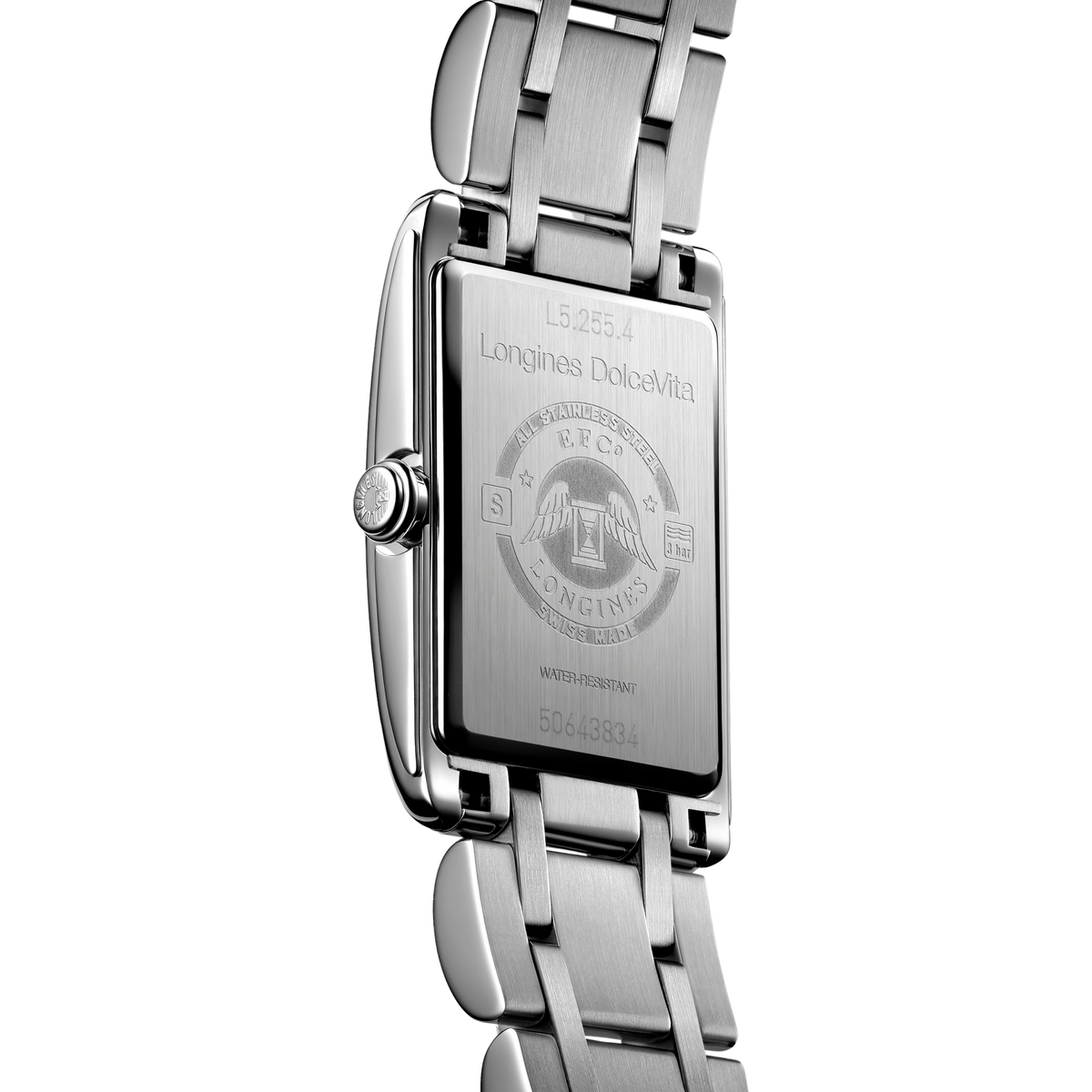 back of Longines DolceVita watch showing the stainless steel case back and refined bracelet detailing
