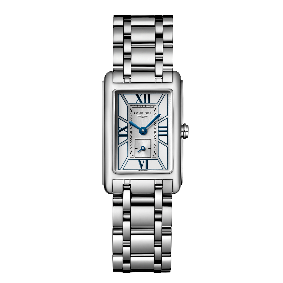 front view of Longines DolceVita rectangular silver dial watch with black Roman numerals and stainless steel bracelet