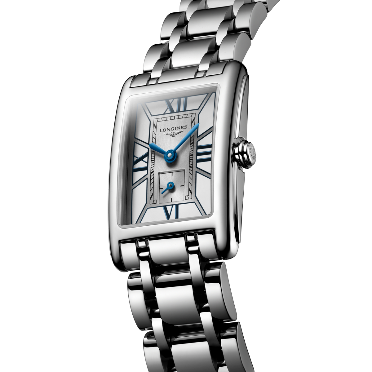 close up of the Longines DolceVita silver guilloché dial featuring black Roman numerals, blue hands and small seconds display
