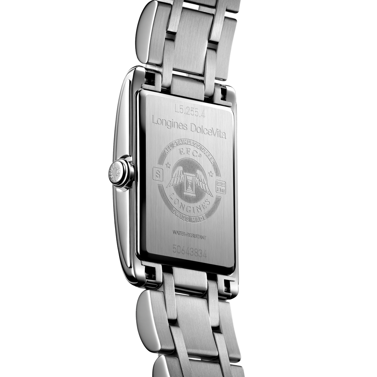 back of Longines DolceVita watch showing the stainless steel case back and refined bracelet detailing
