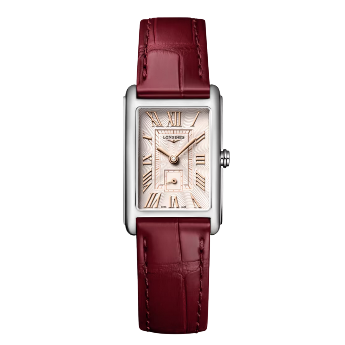 Longines DolceVita women’s quartz watch with ivory rose flinqué dial and red alligator leather strap