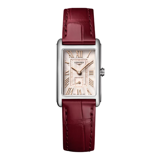 Longines DolceVita women’s quartz watch with ivory rose flinqué dial and red alligator leather strap