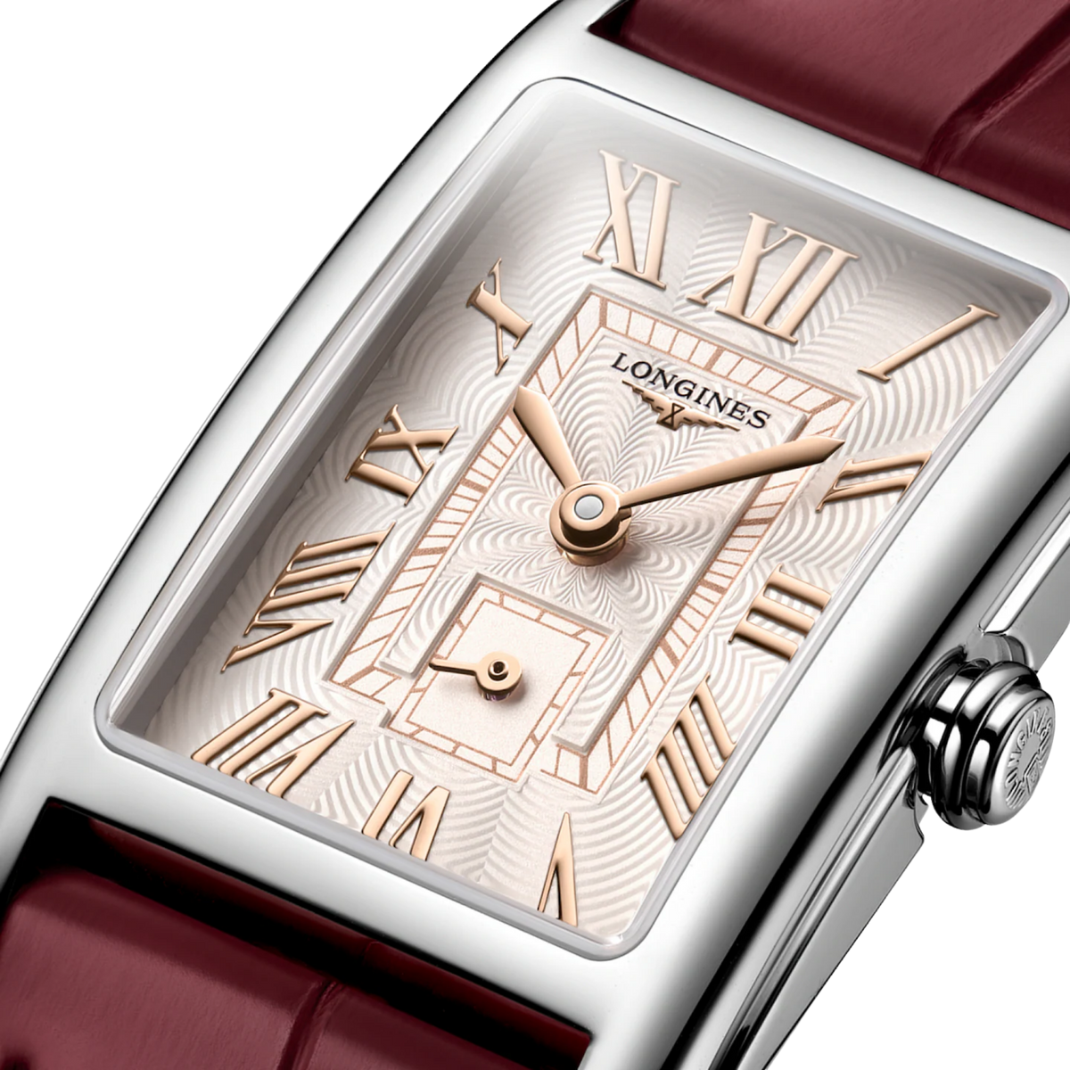 Longines DolceVita rectangular women’s watch with ivory rose dial and stainless steel case