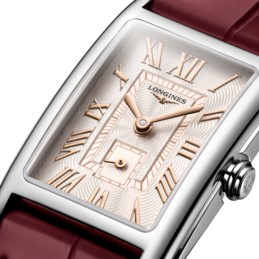 Longines DolceVita rectangular women’s watch with ivory rose dial and stainless steel case