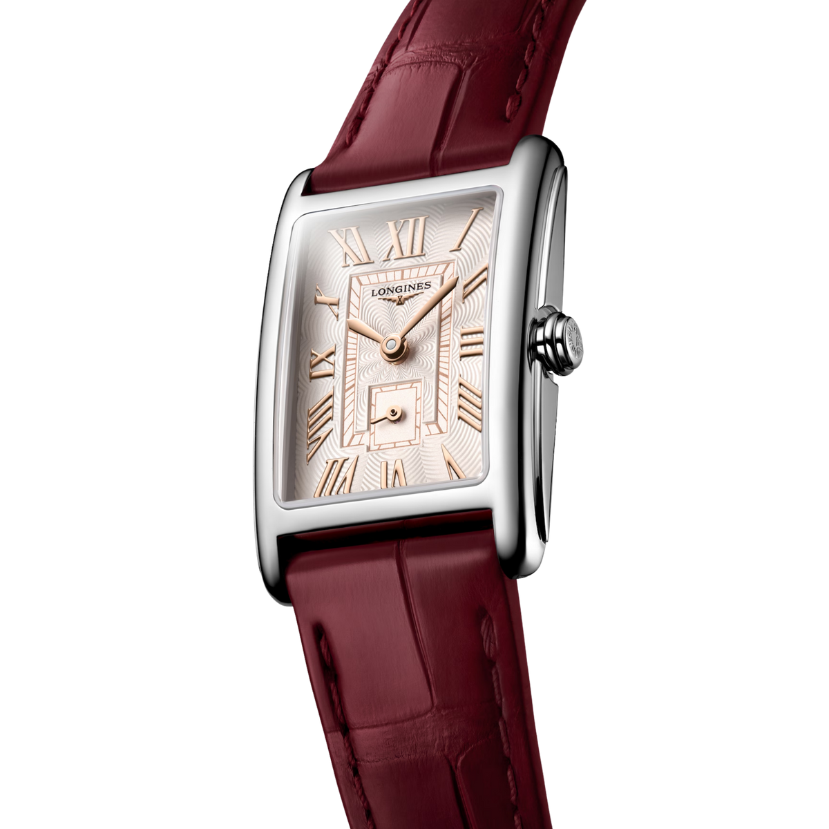 Longines DolceVita Swiss quartz watch with textured ivory rose dial and maple red leather strap