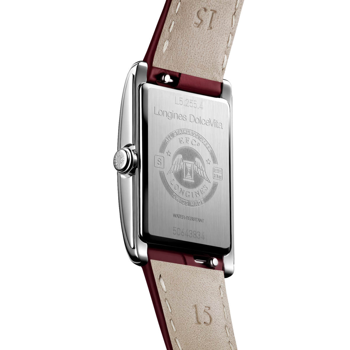 Longines DolceVita women’s rectangular watch with sapphire crystal, ivory rose dial and red leather strap