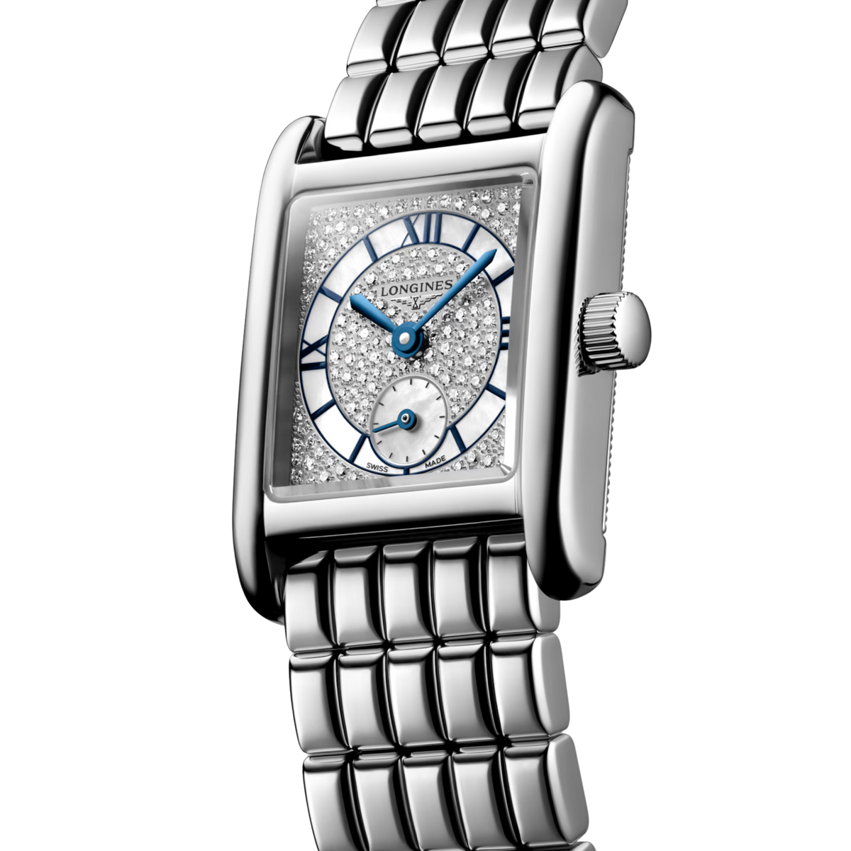 Angled view of the Longines Mini DolceVita white mother-of-pearl diamond dial stainless steel watch