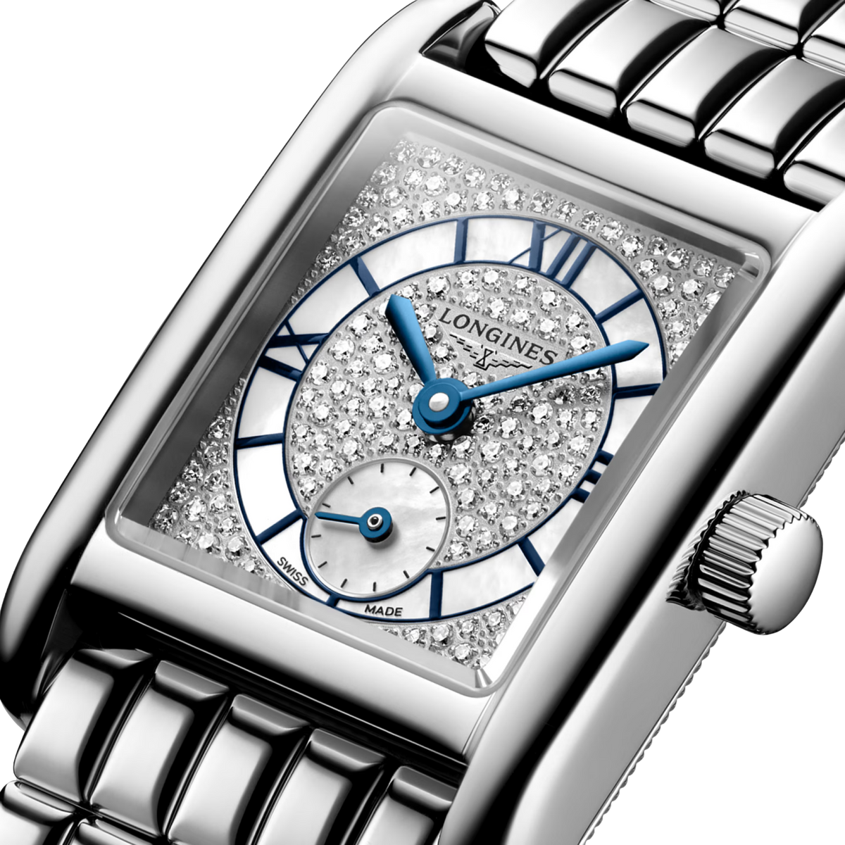Close-up of the Longines Mini DolceVita diamond-set white mother-of-pearl dial with blue Roman numerals