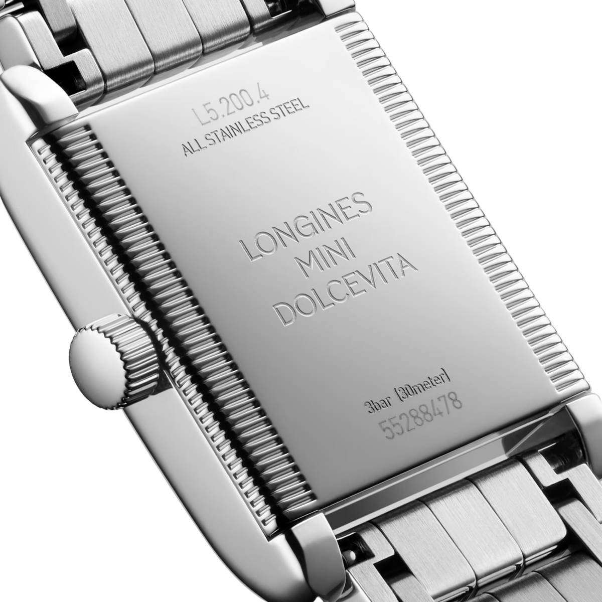 Case back of the Longines Mini DolceVita stainless steel quartz watch with engraved branding