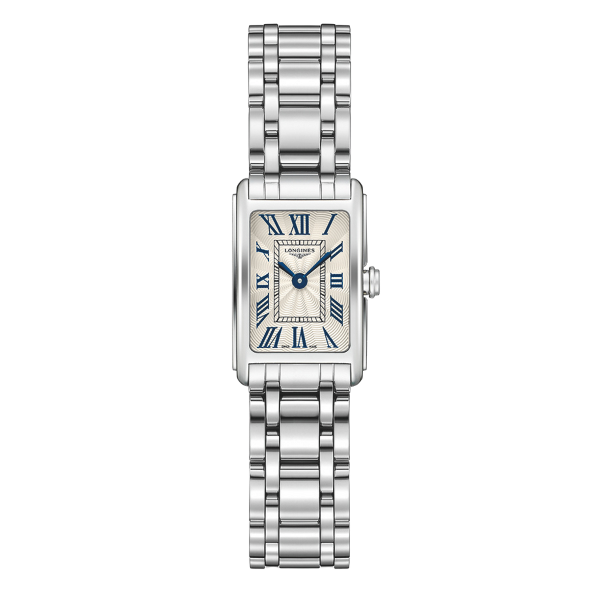 front view of Longines DolceVita mini rectangular watch with silver guilloché dial, blue hands and stainless steel bracelet